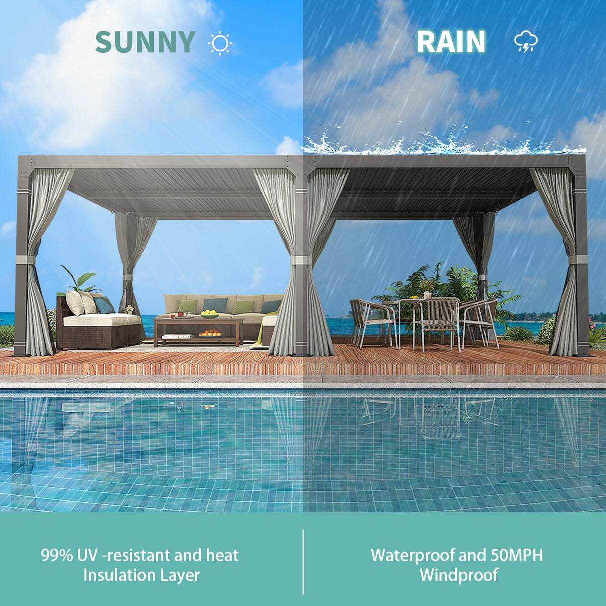 YOLENY Louvered Pergola 12x24, All Aluminum Pergola with Adjustable Rainproof Roof, Outdoor Pergola with Curtains and Nets for Patio & Garden, Dark Grey YOLENY