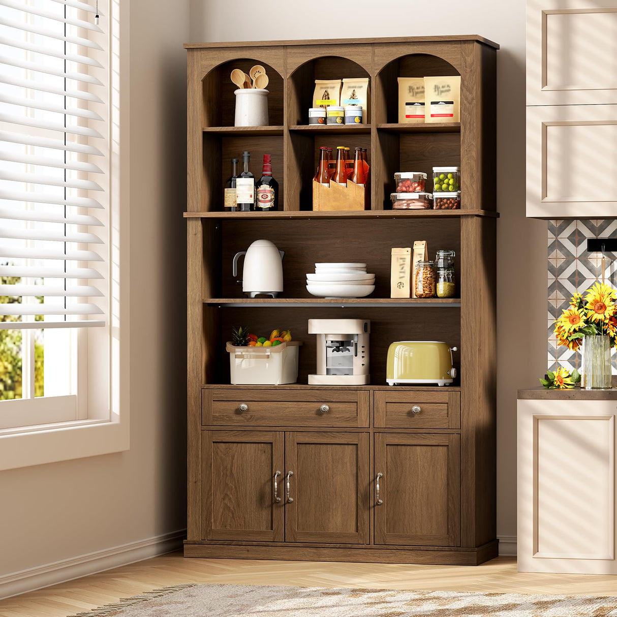 RALGEND 73.2" Tall Farmhouse Arched Bookshelf with Drawer and Door, 6 Tier Mid Century Modern Book Shelf and Bookcase with Storage, Floor Standing Display Cabinet for Living Room, Home Office, Walnut RALGEND