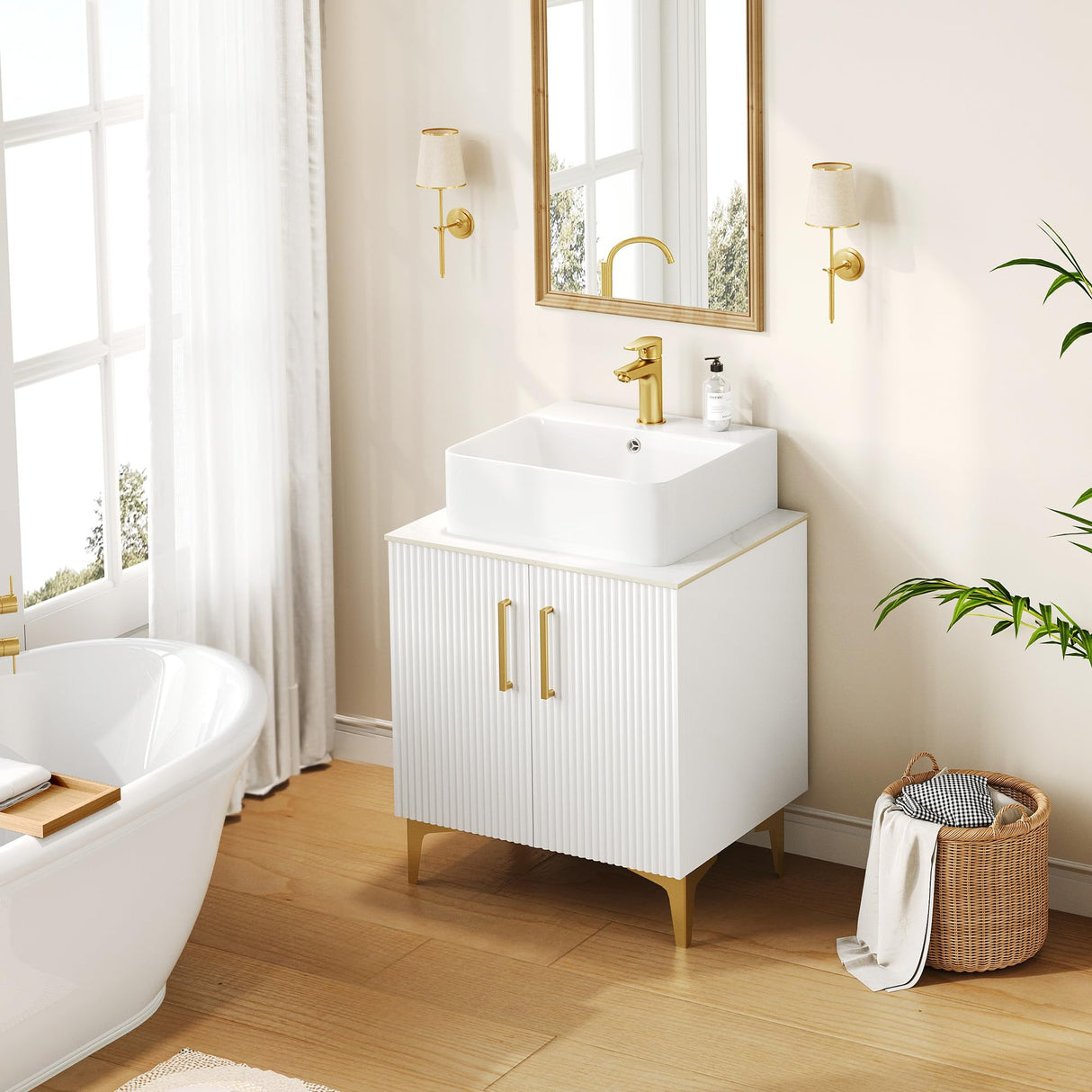 DWVO Bathroom Vanity 24 Inch with Counter Top Sink Combo, Modern Bathroom Storage Vanity Cabinet Set Included 2 Large Soft Closing Doors, Drain, Gold Handles & Legs, White DWVO