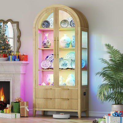 Vlsrka 71" Arched RGB Curio Cabinet with Glass Doors, 4-Shelves Tall Display Cabinet and 2 Drawers, LED Display Case with 20 Lights for Collectibles/Book/Medal/Figure, Wood Color