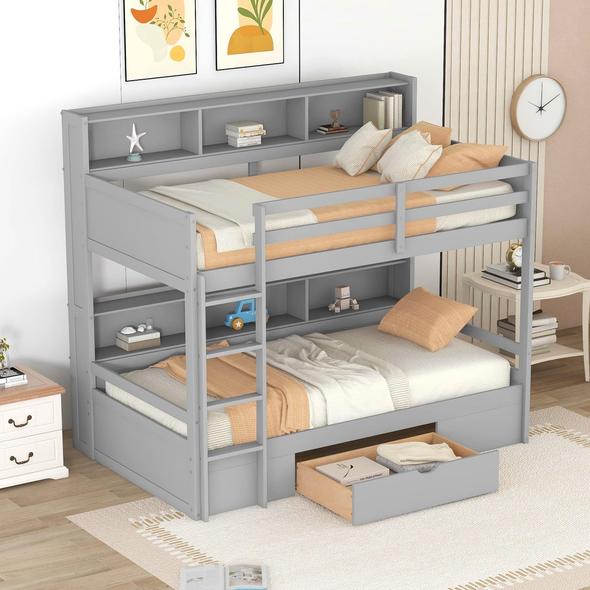 Harper & Bright Designs Twin Over Twin Bunk Bed with Storage, Wooden Bunk Bed with Built-in Storage Shelves and Drawer, Kids Bunk Bed Twin Size for Boys & Girls, No Box Spring Needed (Gray) Harper & Bright Designs