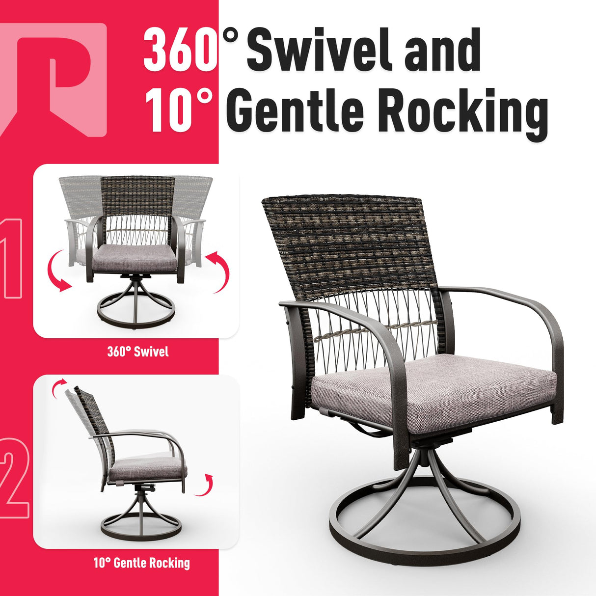 Pamapic 7 Piece Patio Dining Set for 6,Outdoor Wicker Furniture Set for Backyard Garden Deck Poolside with 4 Dining Chairs and 2 Swivel Rockers,Iron Slats Table Top, Removable Cushions(Gray) Pamapic