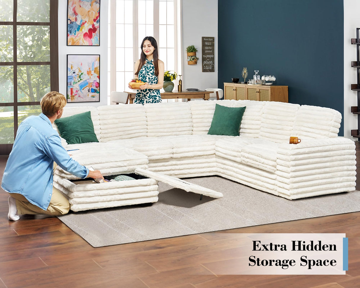 PaPaJet U Shaped Couch, 112 Inch Oversized Couch with Storage, Sectional Sofa with Cup Holders & 2 USB Ports, Faux Fur White Sofa Couch PaPaJet