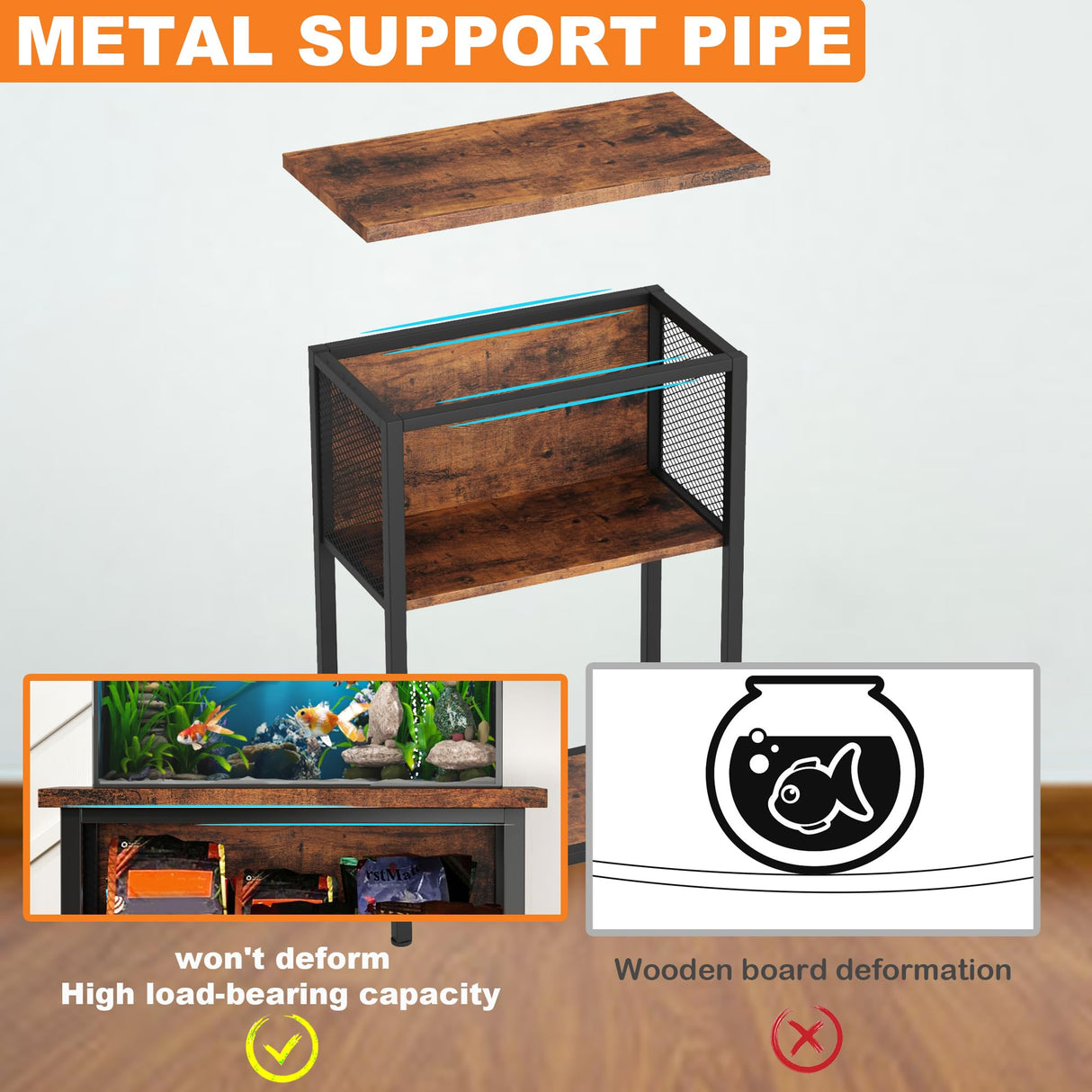 BSONE 5-10 Gallon Fish Tank Stand, Small Aquarium Stand Shelf, 0.71" Thickened Tabletop, 20.5" W×11" D ×34.3" H , Rustic Brown BSONE