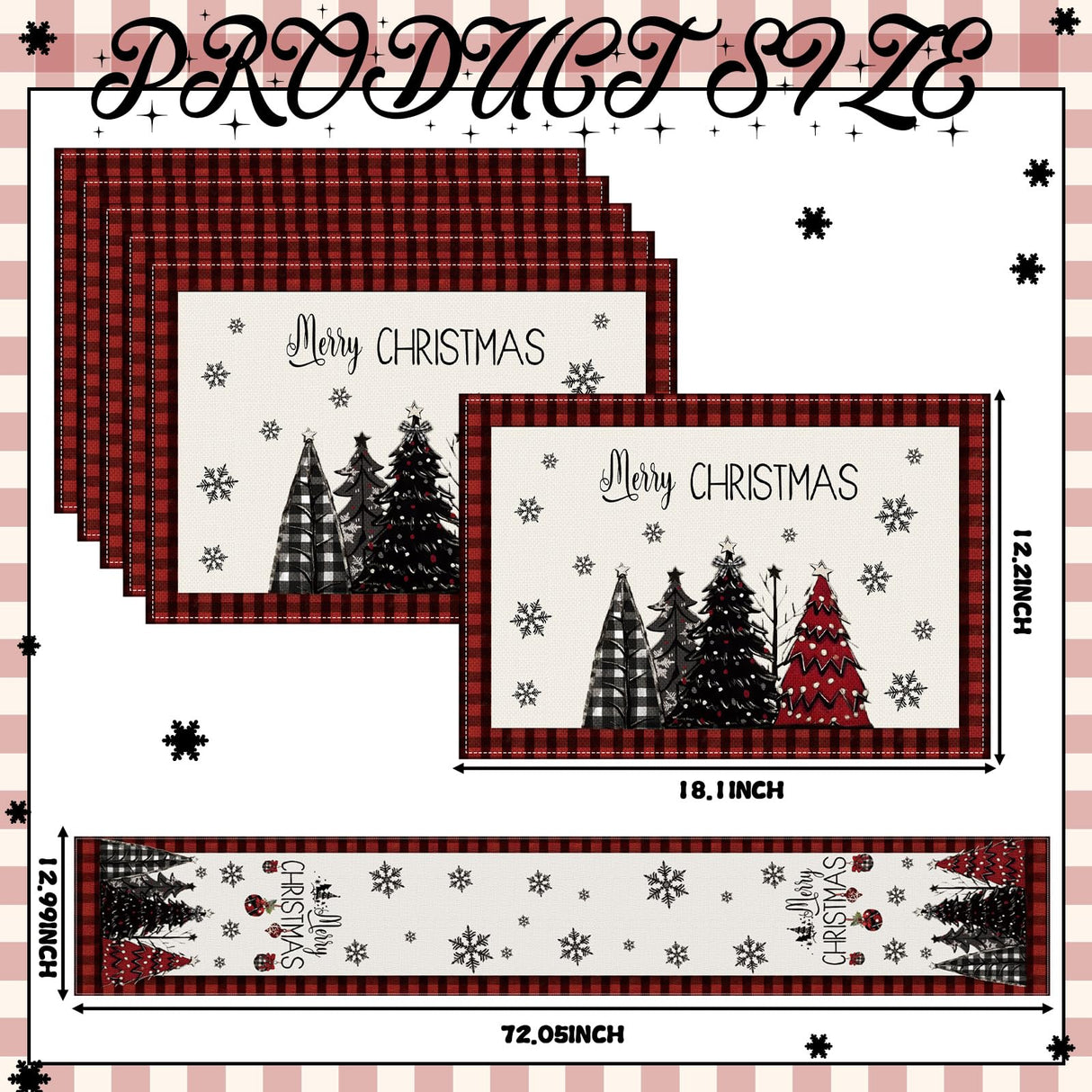 Patelai 7 Pcs Christmas Table Runner and Placemats Set Merry Christmas Buffalo Plaid Table Runner Xmas Placemats Red Black for Holiday Kitchen Dining Room Decor Party Wedding Decoration Patelai