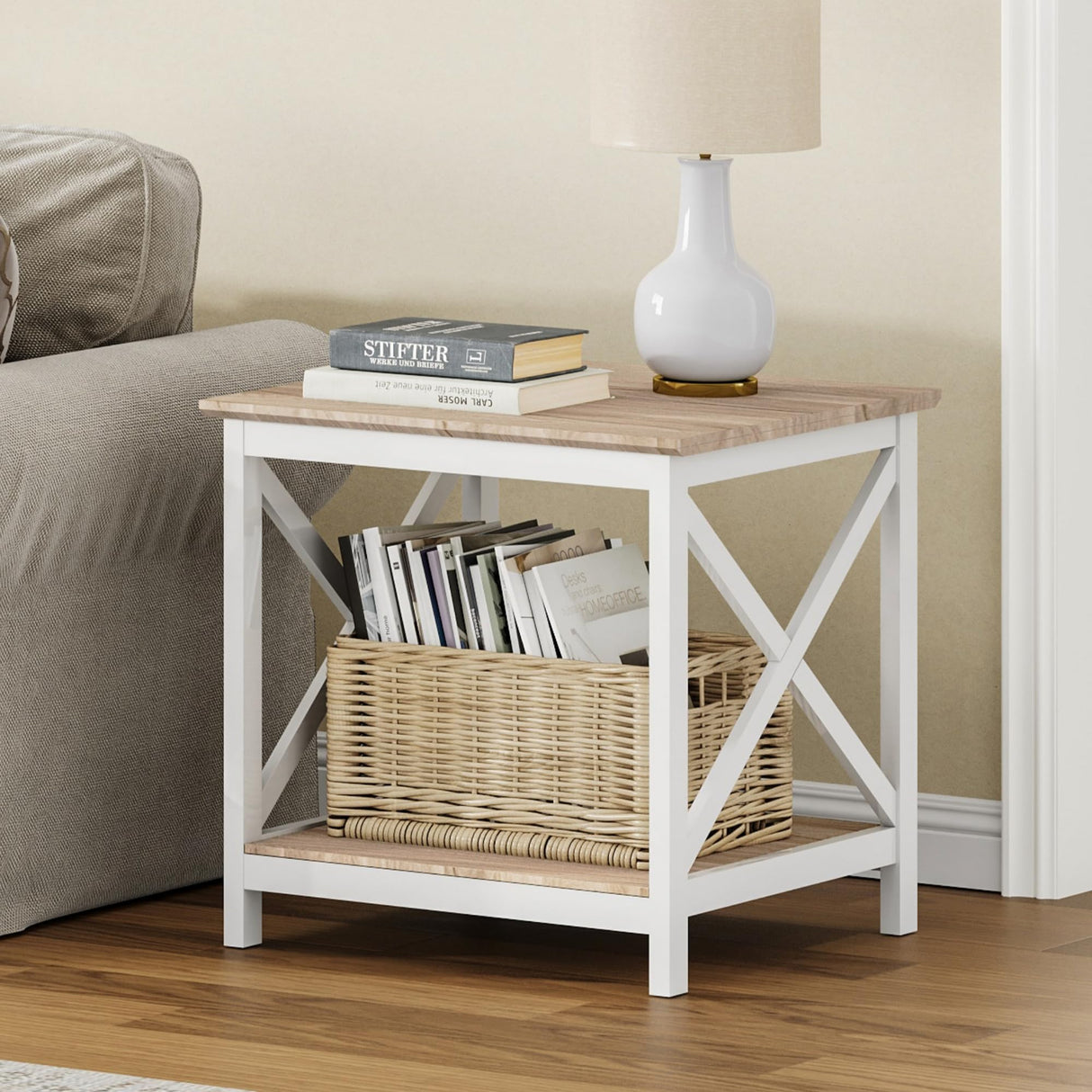 ChooChoo End Table, 24 Inch End Table with 2-Tier Storage Shelf, Side Table for Living Room, Wood Nightstand for Bedroom, Office, Oak ChooChoo
