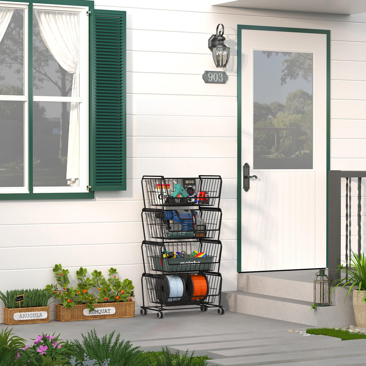 PUSDON Stackable Metal Storage Carts, Dual Use Shelf for Kitchen Fruit Vegetable Baskets with Wheels, Storage Rack for Living Room, Home & Office, Standard Black 4 Tiers PUSDON