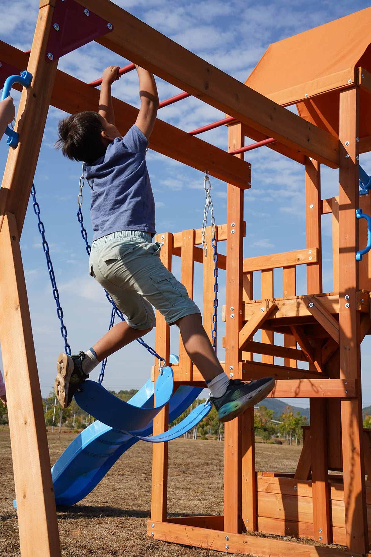 Dolphin Playground Wooden Swing Sets for Backyard with Monkey Bar, Outdoor Playset for Kids with 2 in 1 Outdoor Table, Wave Slide, Climbing Wall, and 2 Belt Swings, Heavy Duty Playground Accessories DOLPHIN PLAYGROUND T