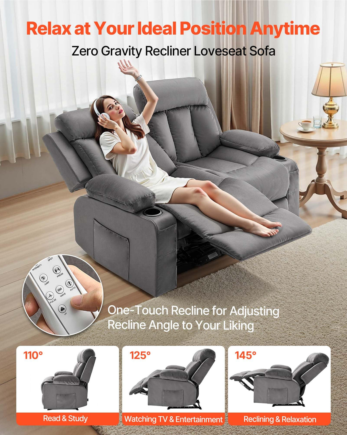 VEVOR Loveseat Recliner Sofa, Power Reclining Couch with Heating and Massage, Soft Velvet Electric Recliner Sofa with USB Ports, Cup Holders and Side Bags, Dual Loveseat Chair for Living Room, Grey VEVOR