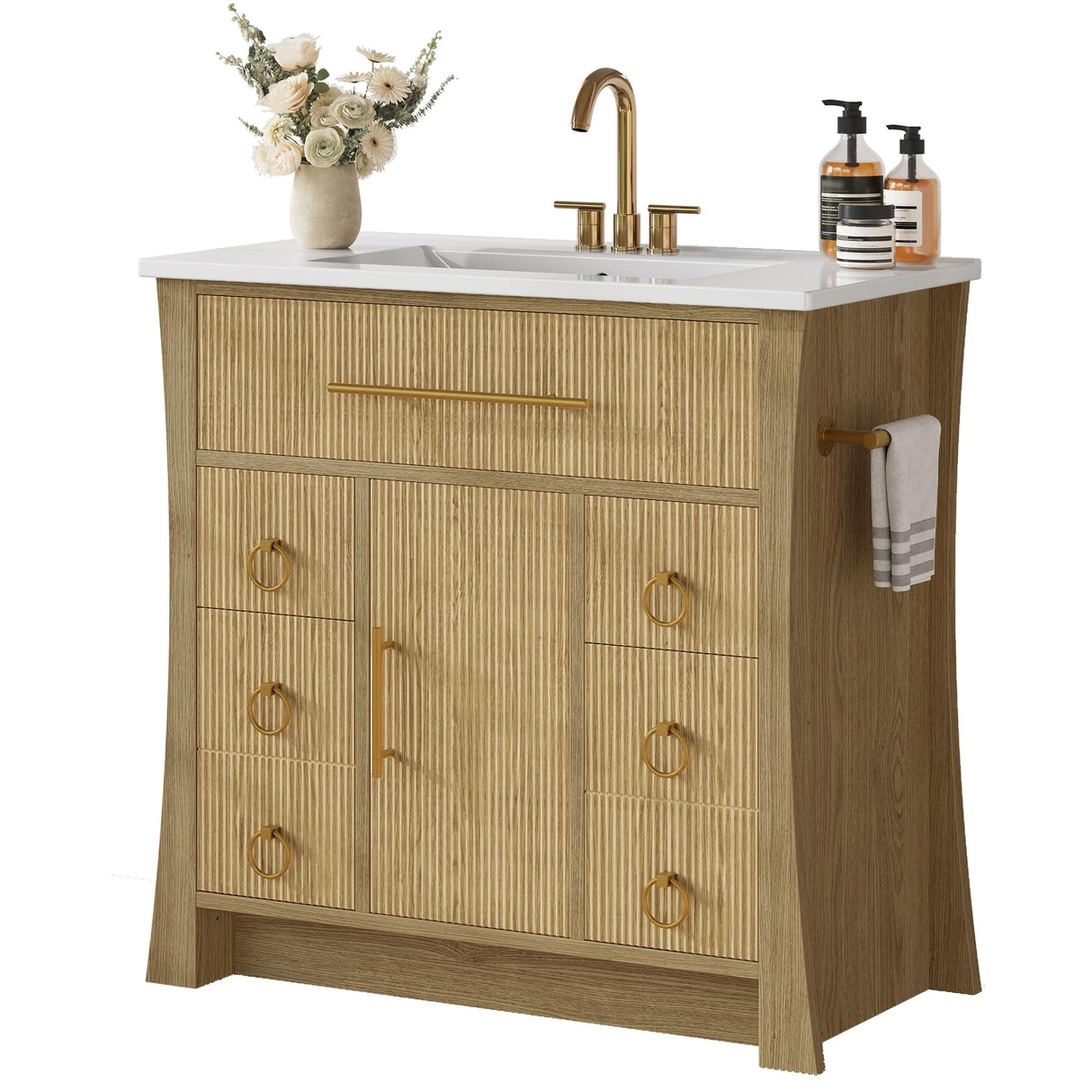 IRONCK 36" Bathroom Vanity with Sink, Freestanding Bathroom Sink Cabinet with 4 Drawers & 1 Flip-Down Drawer, Wood Grain Texture, Metal Handle, Farmhouse IRONCK