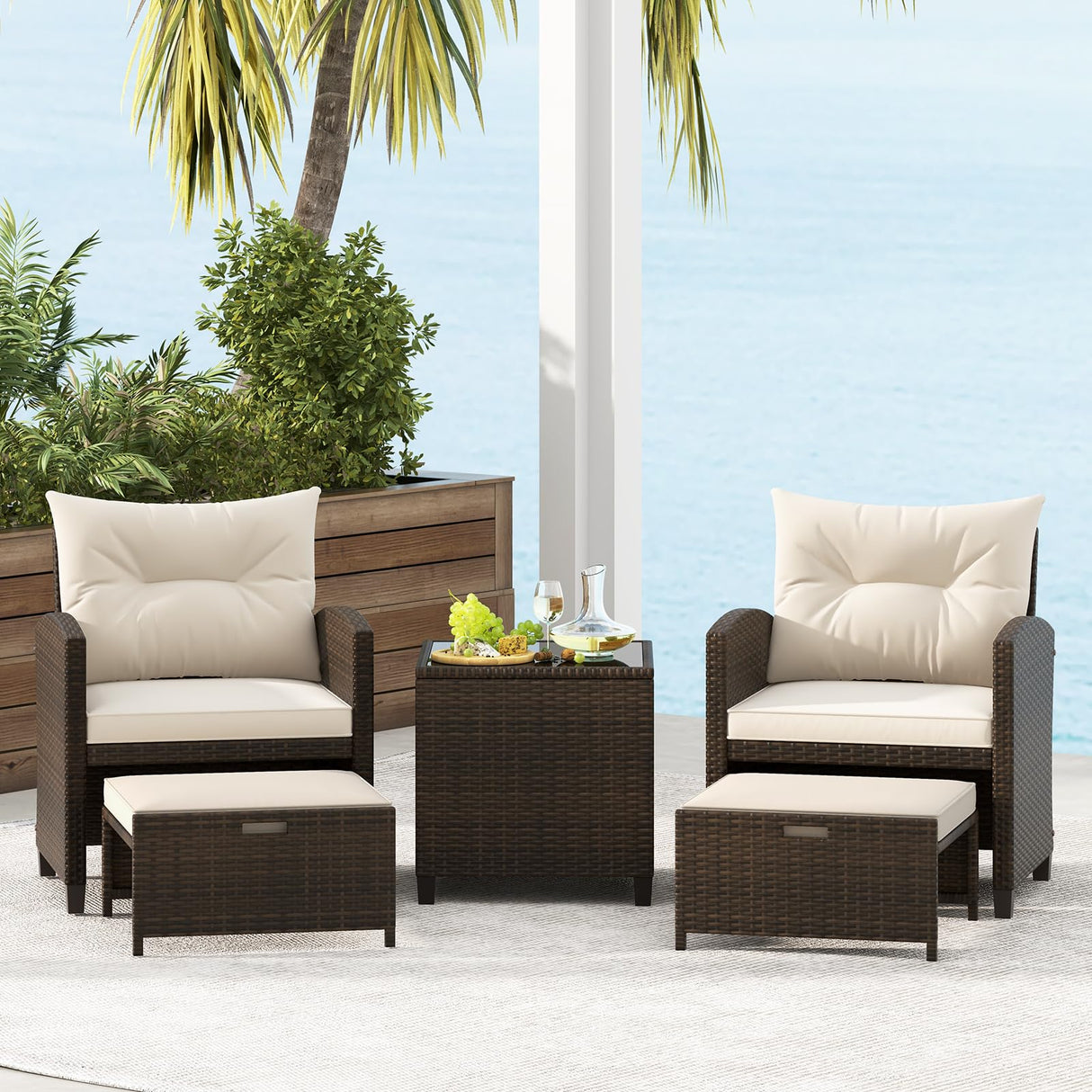 Tangkula 5 Piece Patio Rattan Furniture, Wicker Cushioned Chairs Set w/ 2 Ottomans & Tempered Glass Coffee Table, for Poolside, Backyard, Lawn, Deck (Mix Brown+Off White) Tangkula