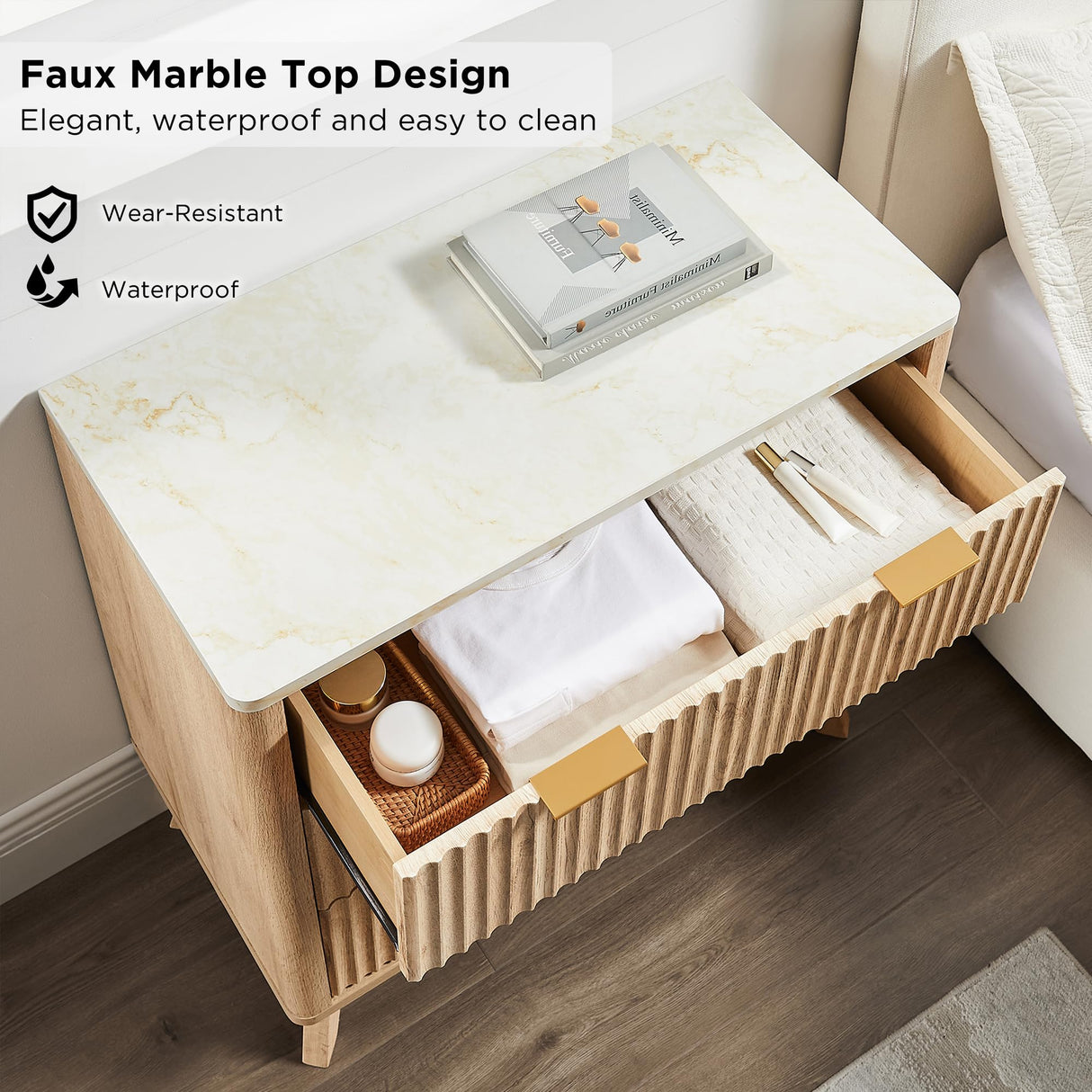 T4TREAM 32" Tall Fluted Nightstand Set of 2, Modern Side Table with Faux Marble Top, 3 Drawers End Table w/Storage, Bedside Table for Bedroom, Living Room, Curved Profile Design, Natural Oak T4TREAM