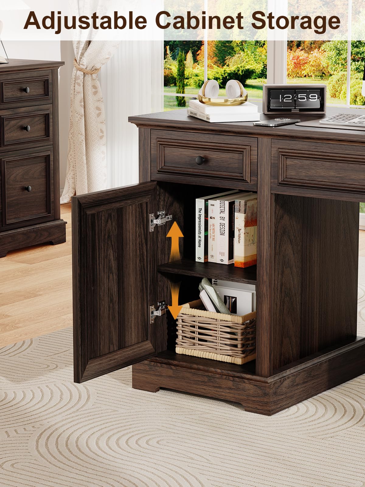 Vipbear 60" Farmhouse Executive Office Desk with Drawers and File Cabinet, Embossed Texture Wood Home Office Desk, Rustic Computer Desk, Workspace for Work Study Writing, Dark Brown Vipbear