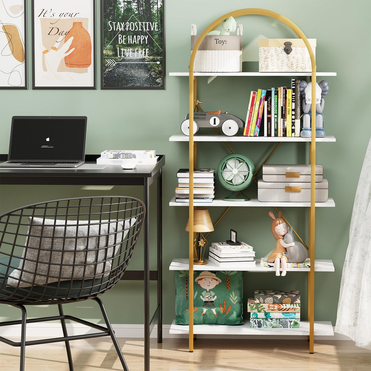 Arbuxzuy Arched Bookshelf 5 Tier Book Shelf, 31.5 Inch Width Industrial Arch Bookcase, Curved Tall Bookshelf with Open Shelves for Home Office, Living Room, Bedroom, Gold Arbuxzuy