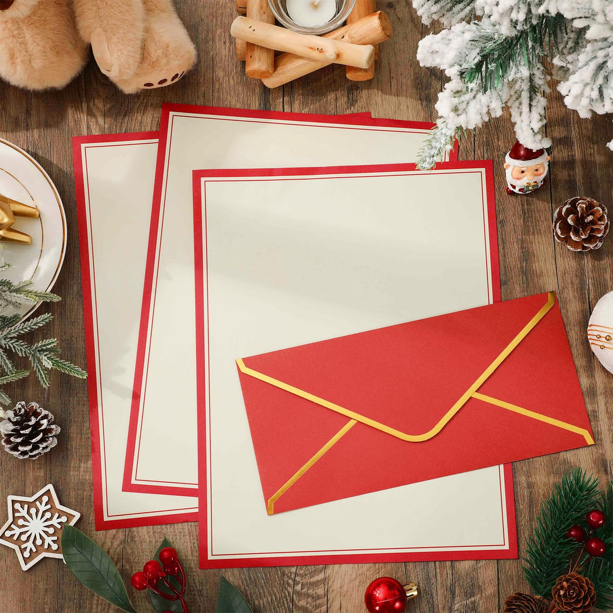 JarThenaAMCS 60Pcs Christmas Stationery Letterhead Paper Set Red Border Letter Writing Paper with Red Gold Envelopes for Xmas Greeting Card Invitation Office Printing, 8.5" x 11" JarThenaAMCS