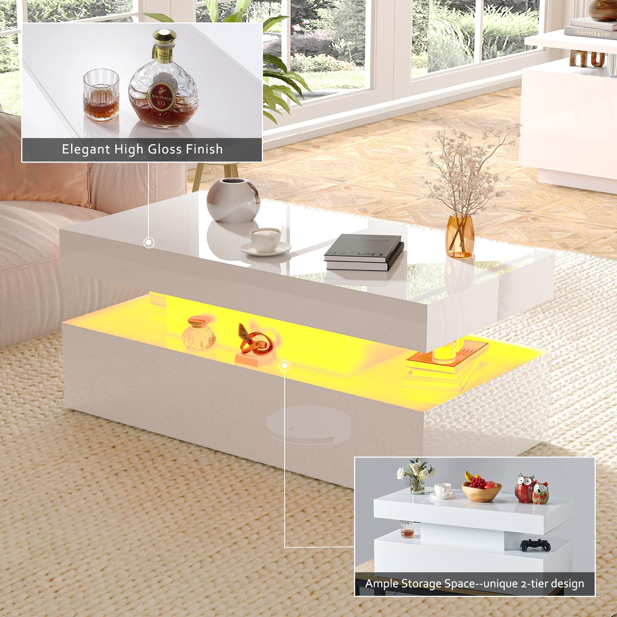 AMERLIFE 5 Piece Modern Living Room Table Set, Includes 80" Fireplace TV Stand, 2-Tier Coffee Table, 2 X Side Tables with Charging Station, LED Media Furniture, White AMERLIFE