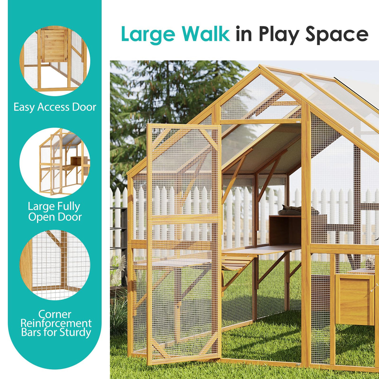 Lovinouse Extra Large Wooden Outdoor Cat House, 57ft² Cat Run Enclosure Walk in Catio Kitten Condo with Enter Door, 2 Doors, 2 Playpen & Hiding Houses, Bridges, Walks, Roof Cover, Golden Yellow Lovinouse