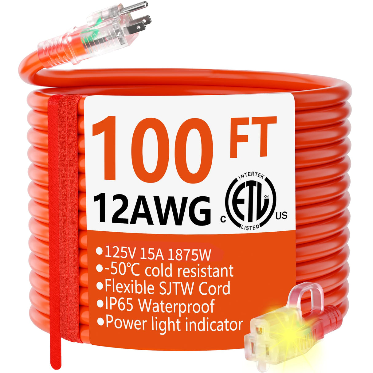 HUANCHAIN 12/3 Gauge Heavy Duty Outdoor Extension Cord 100 ft Waterproof with Lighted end, Flexible Cold-Resistant 3 Prong Electric Cord Outside, 15Amp 1875W 12AWG SJTW, Orange, ETL huanchain