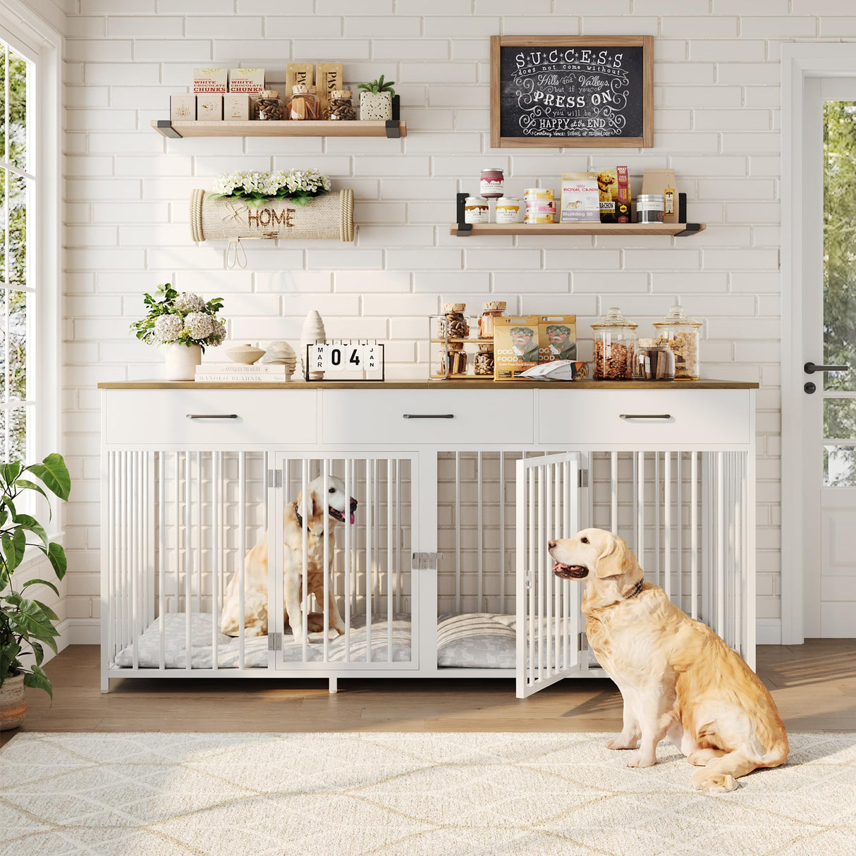 HOSTACK Double Dog Crates Furniture, 71" Wide Indoor Dog Kennel with 3 Drawers, Farmhouse Dog Cage for 2 Large/Medium Dogs, Heavy Duty Dog Crate with Removable Room Divider, Wooden Pet House, White HOSTACK