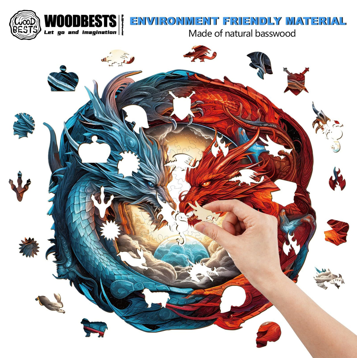 WOODBESTS Wooden Puzzle for Adults, Yin-Yang Dragon Puzzle (M, 200pcs, 11.3"x10.9") Beautiful Wooden Box, Wooden Jigsaw Puzzles Unique Shape, Birthday Gifts for Adults and Kids Family Game WOODBESTS
