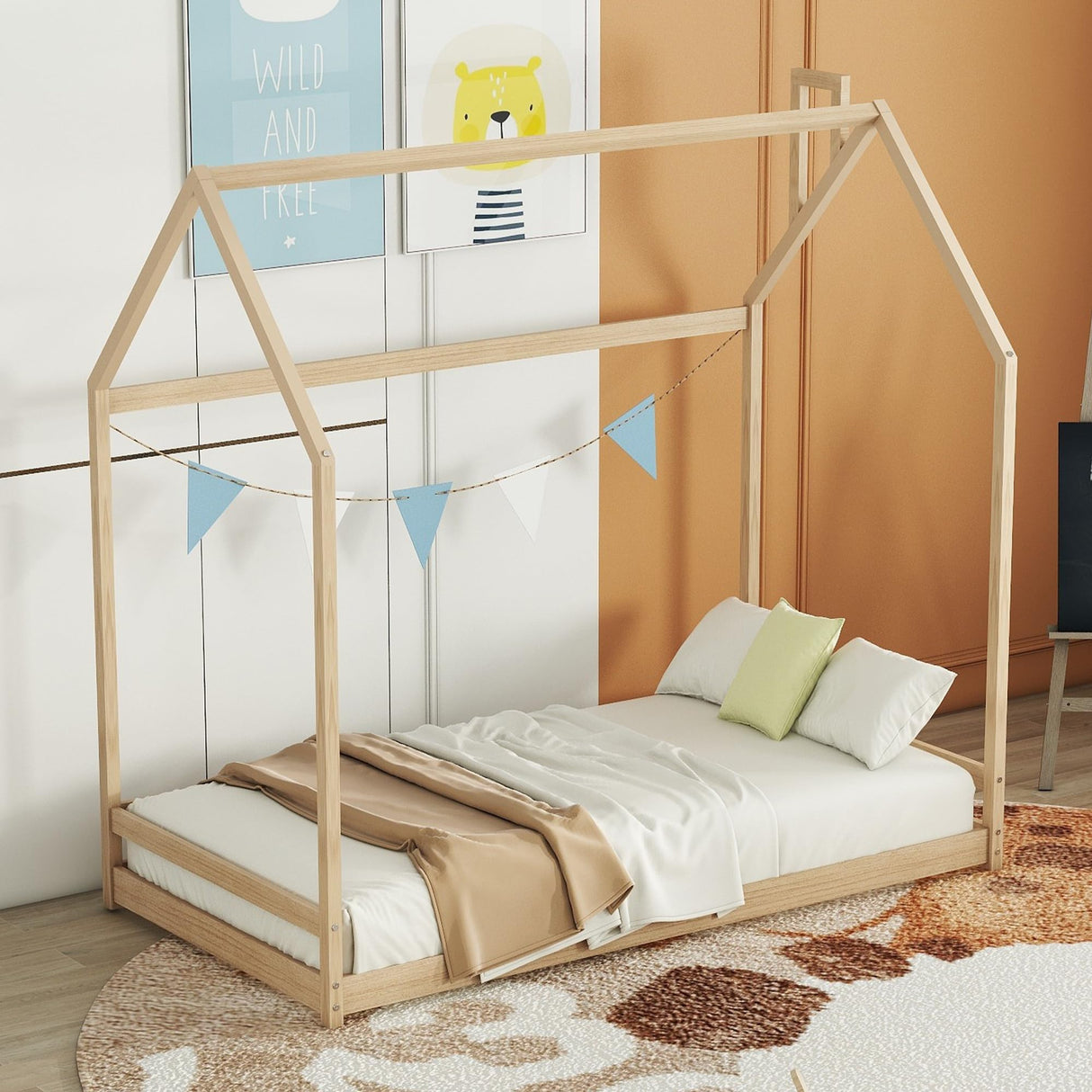 Bellemave Twin Montessori House Bed Frame for Toddlers – Natural Wood Floor Bed for Kids Bellemave