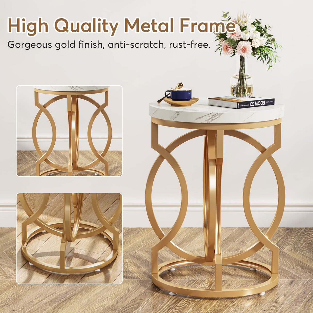 Tribesigns Round End Table, Multifunctional Accent Table Small Side Table for Living Room, Modern White Gold Nightstand with Faux Marble Tabletop, Bedside Table for Bedroom (1 PC) Tribesigns