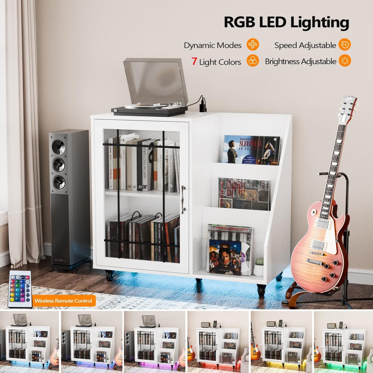 VINGLI Large Record Player Stand with Display Area, Turntable Stand with Storage, Vinyl Record Holder Up to 350 Albums, Record Player Table with LED Lights & Charging Station for Music Room, White VINGLI