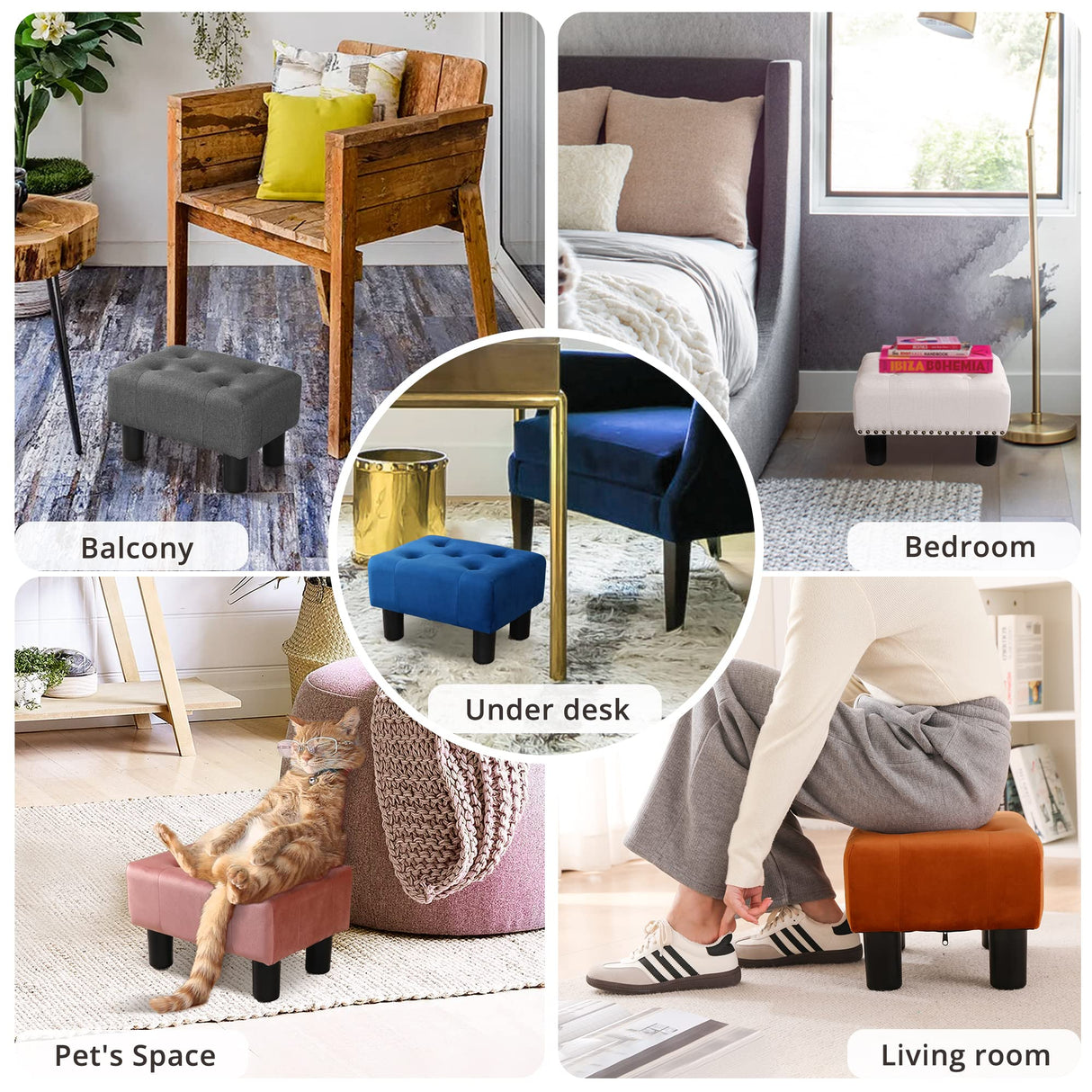 LUE BONA Small Tufted Foot Stool, Fabric Foot Stools Ottoman with Plastic Legs, 9''H, Rectangle Footstool for Adult with Non-Slip Pads, Sofa Foot Rest for Living Room, Couch,Carbon Grey LUE BONA