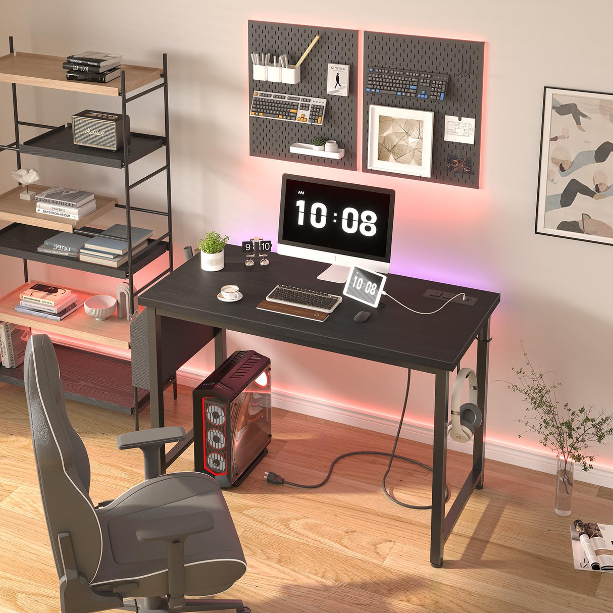 Lufeiya 39 inch Computer Desk with Power Outlet, 40 inch Teen Study Table Home Office Work Writing Desks with Charging Station Outlets Built in, Black Lufeiya