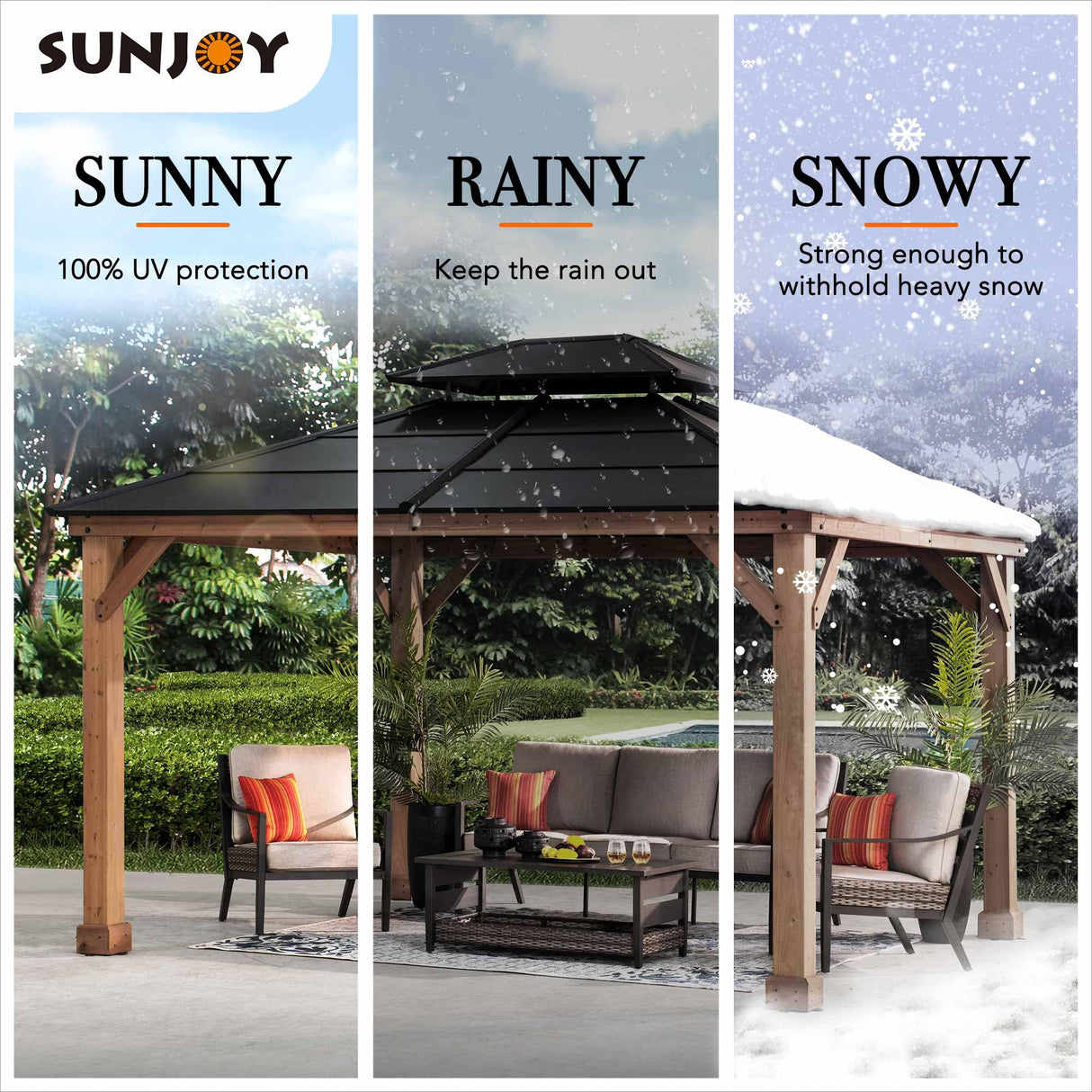 Sunjoy Hardtop Gazebo 11’ x 13’ Outdoor Cedar Framed Wood Gazebo with Black Double Steel Hardtop Roof Permanent Canopy for Garden, Backyard Shade… Sunjoy