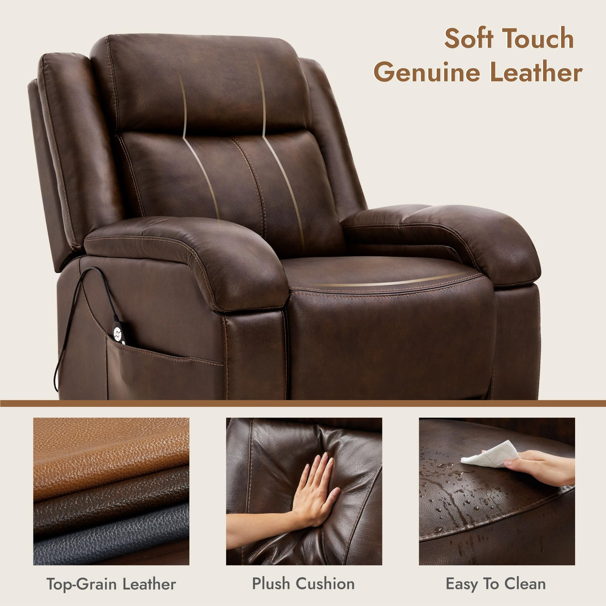Watson & Whitely Genuine Leather Power Lift Recliner Chair for Elderly with Heat and Massage, Electric Lay Flat Lift Chairs with Power Headrest & Visual Remote Control, Dual Motor, Dark Brown Watson & Whitely
