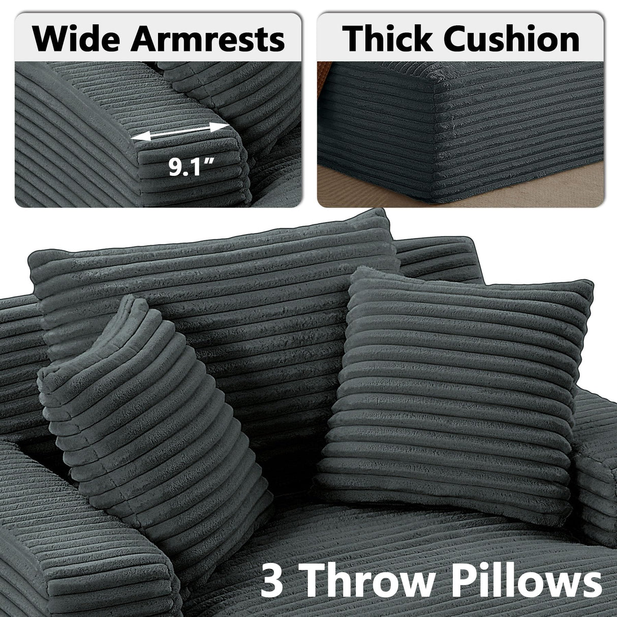 50" Boneless Couch, Oversized Chaise Lounge Sofa, Corduroy Chaise Lounge Chair Indoor with Comfy Pillows for Living Room Bedroom, Foam Filling, No Assembly (Dark Grey) Nahenduo