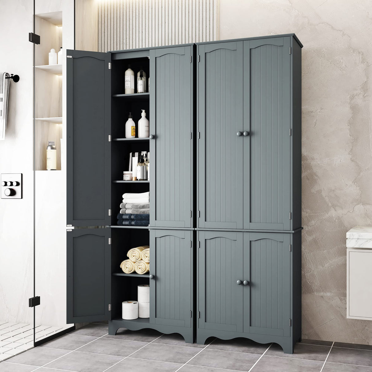 Yusong 72'' Tall Kitchen Pantry Cabinet, Freestanding Storage Cabinet with Doors and Shelves, Wooden Food Pantry Farmhouse Cupboard Buffet for Kitchen Dining Living Room, Gray Yusong