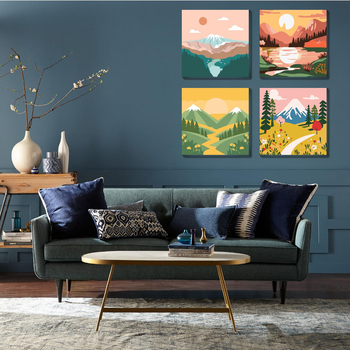 FQOVKYN 4 Packs Paint by Numbers Kit for Adults with Frame, DIY Landscape Adult's Paint by Number on Canvas, Mountain Oil Painting Kits for Home Wall Decor 8x8 Inch FQOVKYN