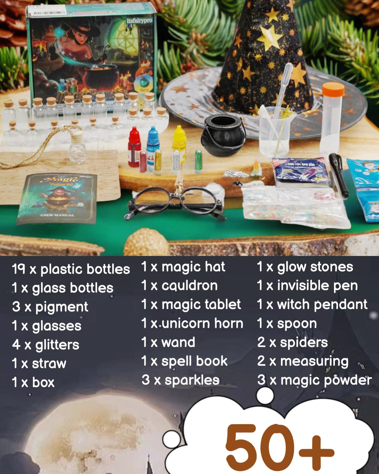 itsfairypro Potion Kits for Kids, Magic Making Set 50+ Mixies with Bottles Hat Glasses & Invisible Pen, Mystery Box Fairy Tricks Craft Toy for Girls Boy Gifts Age 6 7 8 9+ itsfairypro