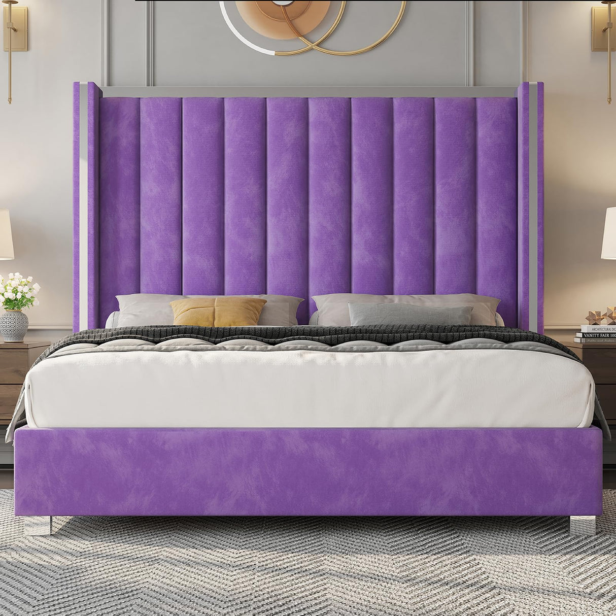 Jocisland King Size Bed Frame with 58" Tall Headboard, Velvet Upholstered Platform Bed with Channel Tufted Wingback Headboard and Plating Trim, No Box Spring Needed, Purple Jocisland