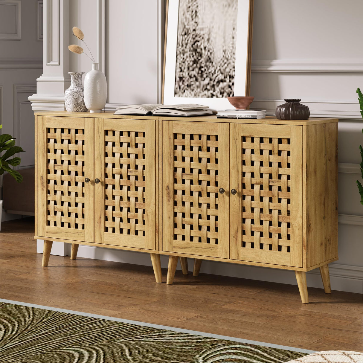 RoyalCraft Rattan Accent Cabinet with Doors, Farmhouse Buffet Entryway Cabinet with Oak Legs for Living Room, Natural Wooden Decorative Sideboard with Adjustable Shelf RoyalCraft