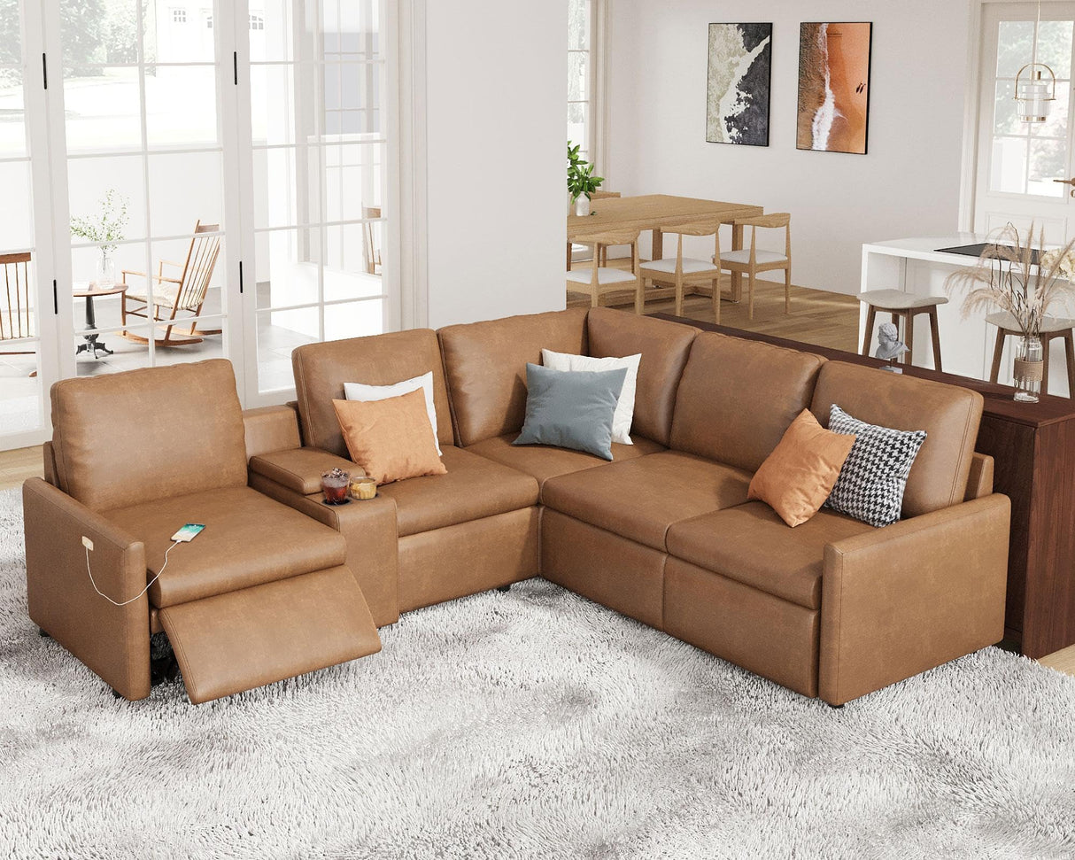 AMERLIFE Single Left Power Recliner Sofa, Reclining Sectional Sofa with Console, 5 Seats L Shaped Couch with Cup Holder& Charging Socket, Leather Modular Sofa for Living Room AMERLIFE