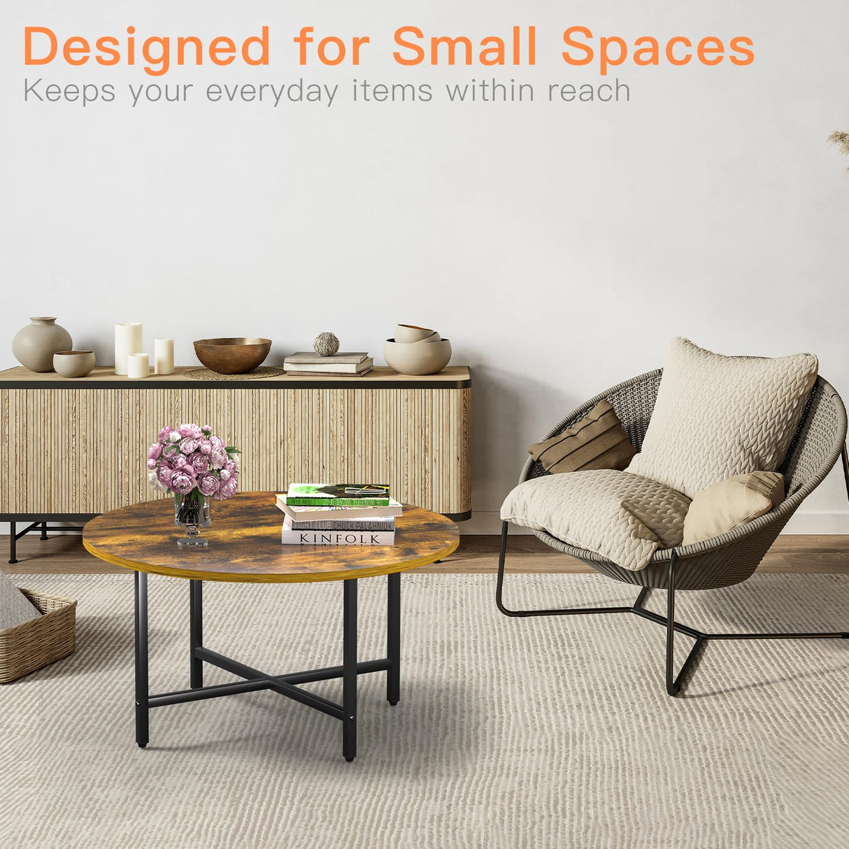 FAMIDGE Round Coffee Table, Small Coffee Tables for Living Room, Circle Coffee Table with Metal Frame, Floor Table Desk for Sitting on The Floor, Home, Office, Rustic Brown (23.6" D x 14.2" H) FAMIDGE