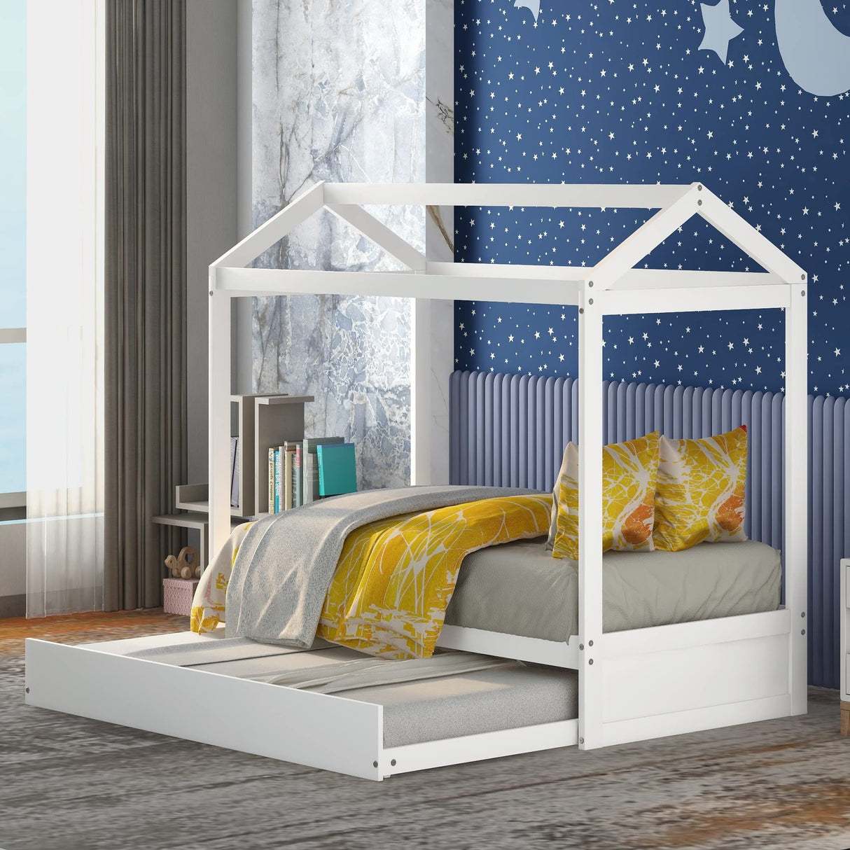 Bellemave White Twin Size House Bed Frame with Trundle for Kids and Toddlers Bellemave