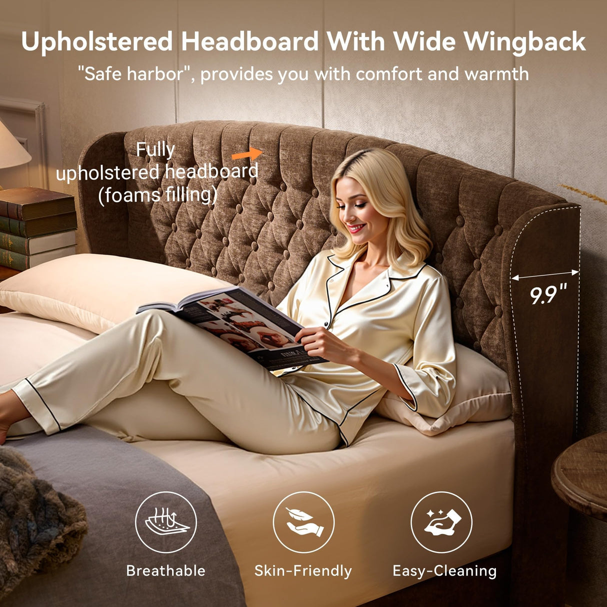 BedsPick Sleigh Queen Bed Frame with Wingback Headboard, Chenille Upholstered Bed Frame Queen Size with Button Tufted Scroll Footboard, Wood Slats Support/No Noise/Easy Assembly/No Box Spring Needed BedsPick