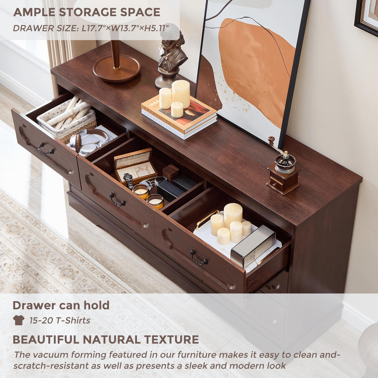 LIDYUK 9 Drawer Dresser for Bedroom Farmhouse Cherry Tall Wood Chest of Drawers for Bedroom Dresser, Modern Rustic 59" Wide Drawers Dressers Wooden Closet and Storage Cabinet, Hallway, Living Room LIDYUK