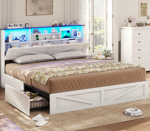 VIAGDO Farmhouse Bed Frame King Size with Bookcase Storage Headboard ...