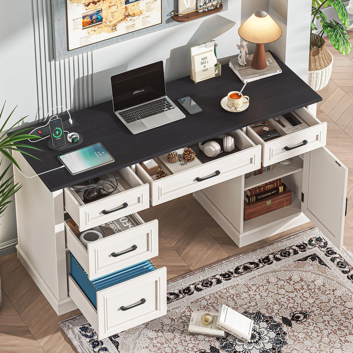 Farmhouse 59'' Executive Desk with Charging Station,Office Desks Computer Desk with 5 Drawers, Wood Workstation for Home Office and Study, File Drawers and Storage Cabinet, Black Vabches