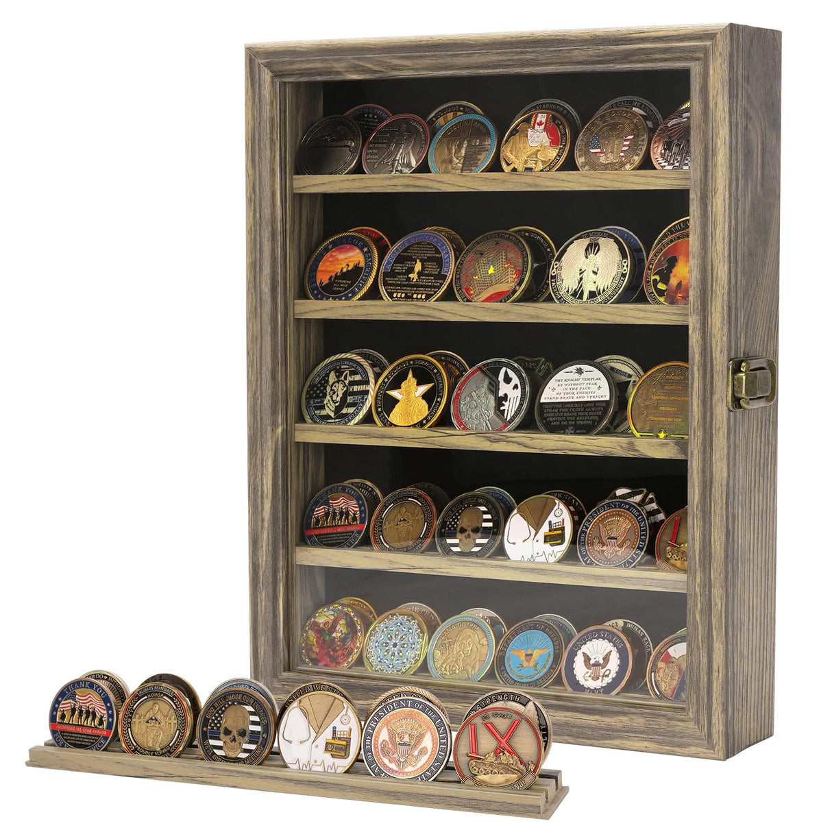 DecoWoodo 5 Rows Military Challenge Coin Display Case with HD Tempered Glass Door, Medal Display Cabinet with Removable Shelves, Poker Chip Coin Holder Shadow Box for Collectors, Rustic Wood Finish DecoWoodo