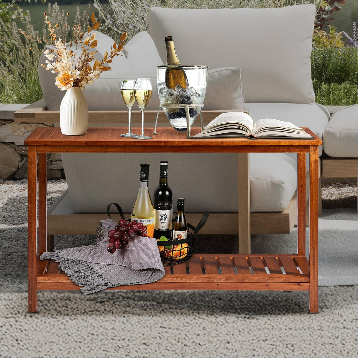 VINGLI 49in Solid Wood Outdoor Console Table, 2-Shelf Wooden Outdoor Accent Plant Table Multifunctional Buffet Bar Storage Organizer for Indoor Patio Porch and Entryway (Natural) VINGLI