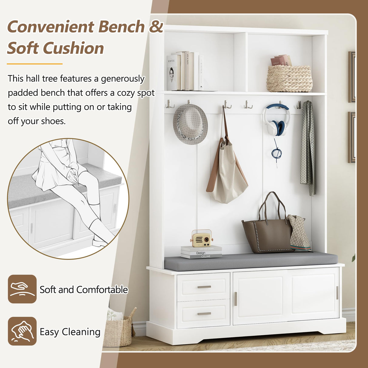 Merax Farmhouse Wood Hall Tree with Bench and Storage Drawers, 4-in-1 Coat Rack with 6 Hooks for Entrance, Hallway White Merax