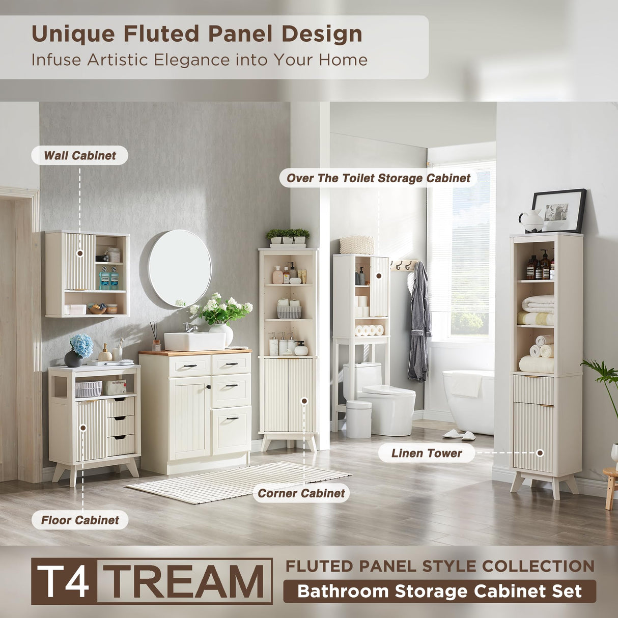 RedLemon Over The Toilet Storage Cabinet with Fluted Sliding Door, 68" Tall Wood Space Saver w/Faux Marble Top & Adjustable Shelf, Curved Profile Rack Organizer for Bathroom, Off White RedLemon