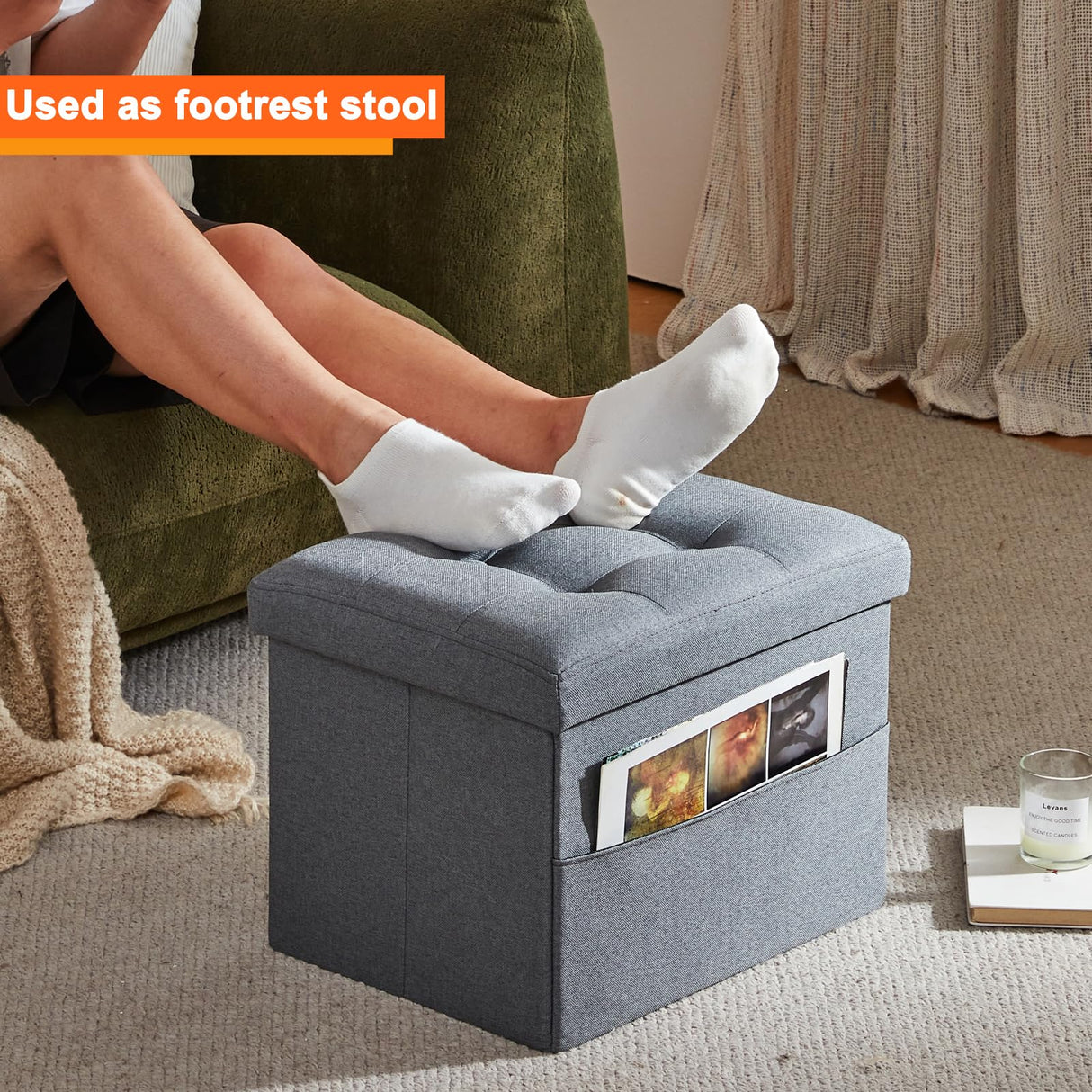 ALASDO Ottoman Storage Ottoman Footrest with Side Pocket Folding Ottoman with Srorage Small Ottoman for Living Room Study Bedroom Grey L17W13H13inches ALASDO
