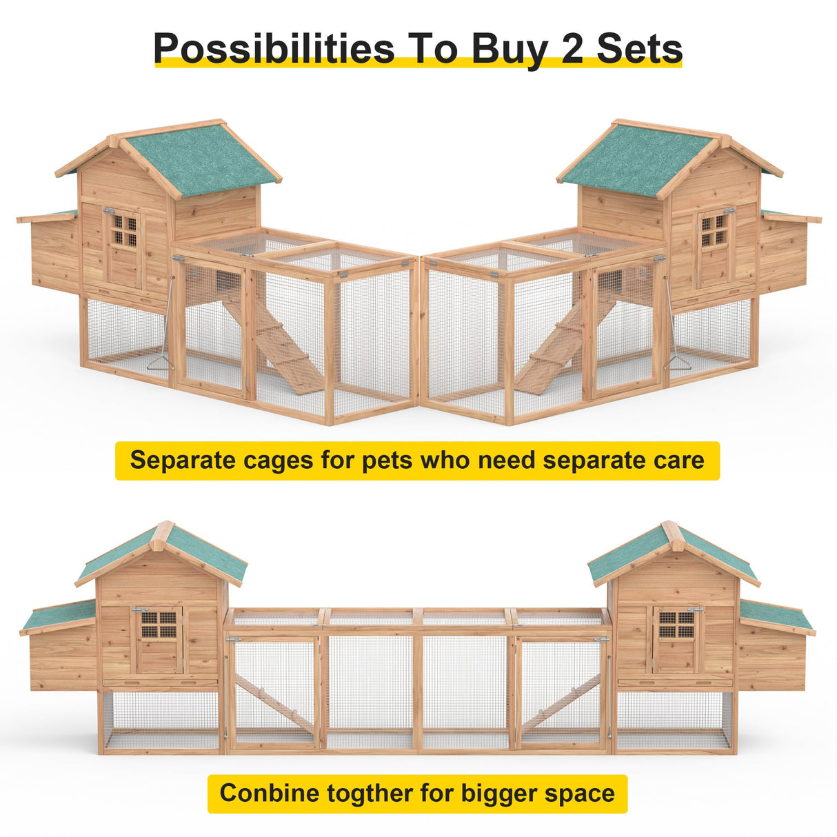 Wooden Chicken Coop, 80” Large Chicken Run 2 Tier Guinea Pig Pet House Outdoor with Pull Out Tray & Ramp Bunny Cage with Egg Box Rabbit Hutch with Lockable Door for Indoor Backyard(Original Wooden) Phonjoroo